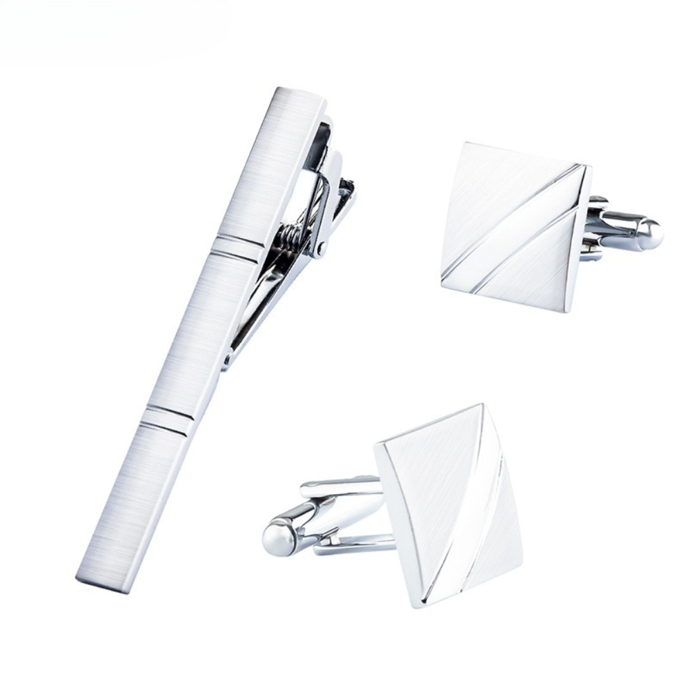 Cufflinks Silver Set - Set Kancing Manset dan Penjepit Dasi